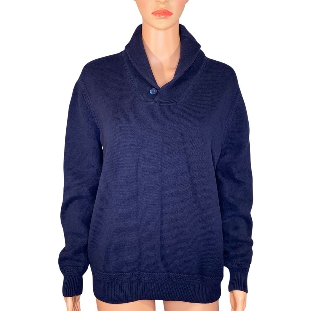 British Khaki Navy Sweater Preppy Old Money High Neck Button Detail Cozy SZ Med